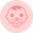 Ilustração de bebê com chupeta em um círculo rosa e fundo branco: primeira infância